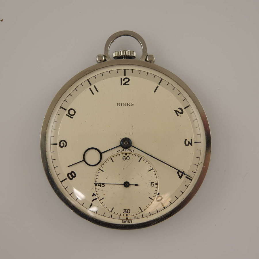 Stylish vintage Steel Omega pocket watch. Sold by Birks w/ box. c1938