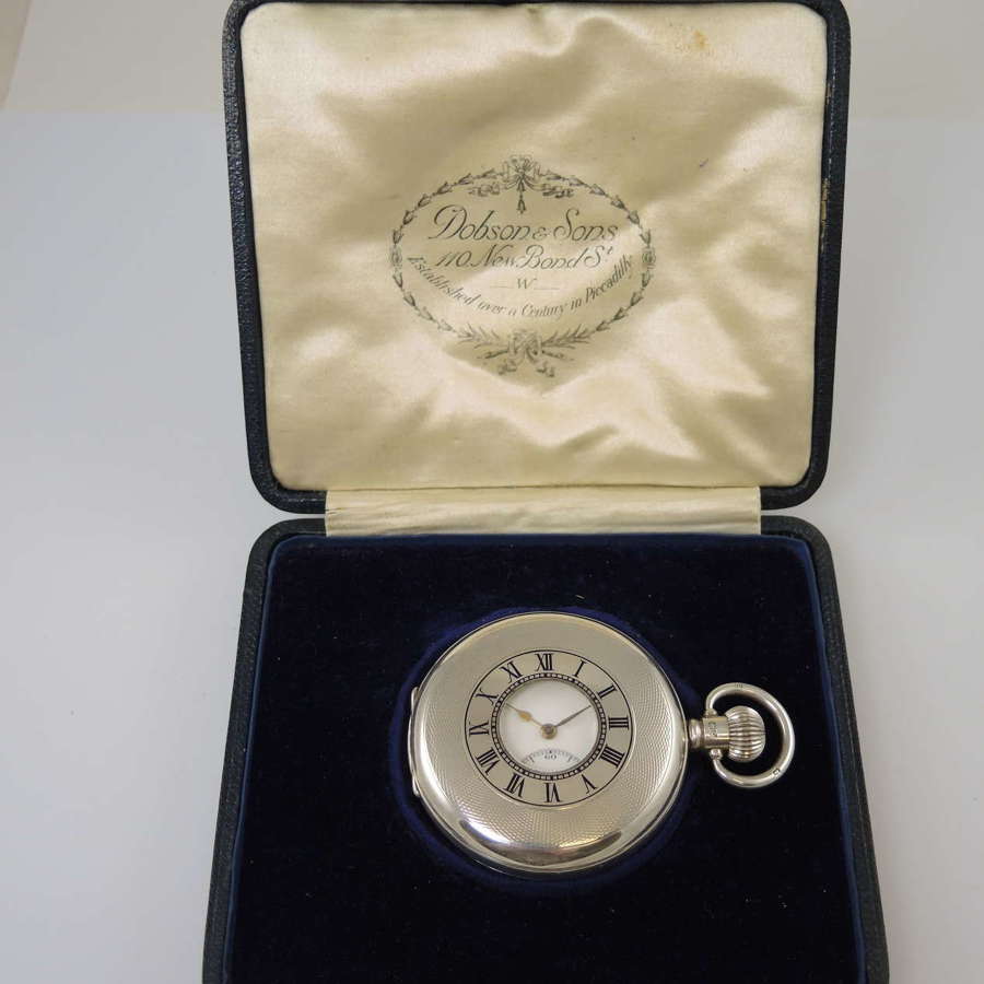Stylish English silver half hunter pocket watch w/ rare box  c1938
