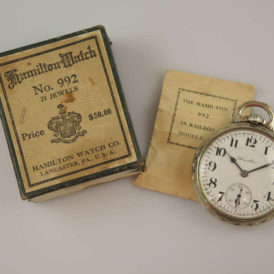 16 size 21 Jewel Hamilton 992 Railroad Pocket watch. With box. c1913