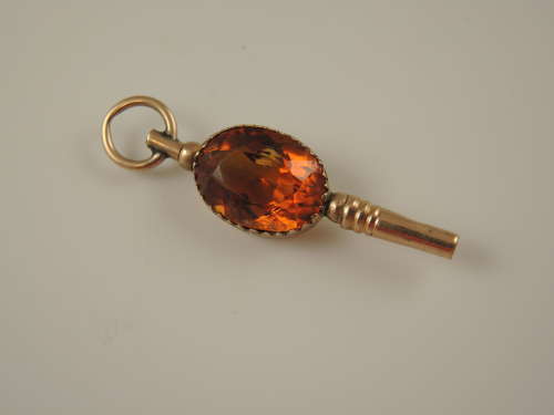 Victorian solid 9K gold and stone set pocket watch key c1890
