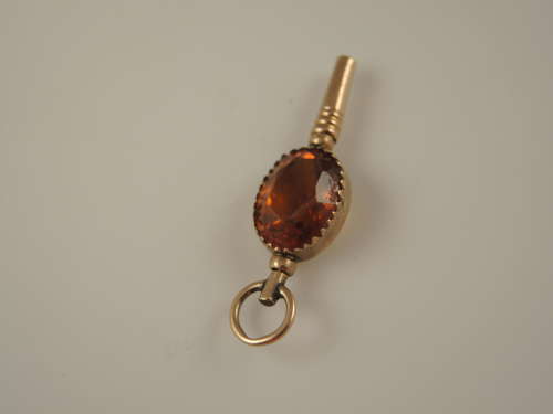 Victorian solid 9K gold and stone set pocket watch key c1890