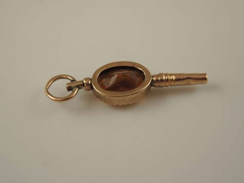 Victorian solid 9K gold and stone set pocket watch key c1890