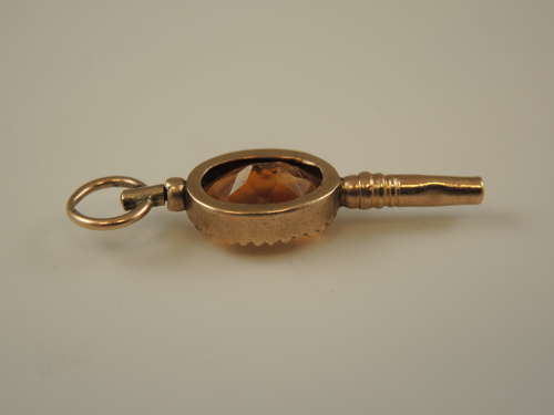 Victorian solid 9K gold and stone set pocket watch key c1890
