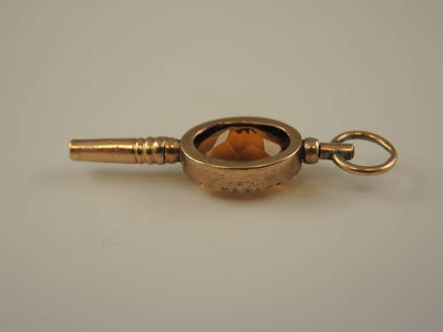 Victorian solid 9K gold and stone set pocket watch key c1890