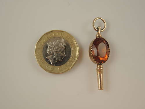 Victorian solid 9K gold and stone set pocket watch key c1890