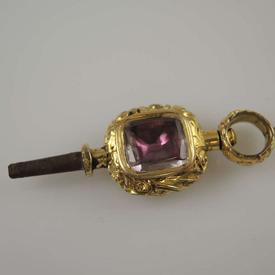Fancy Victorian gilt and stone set pocket watch key c1850
