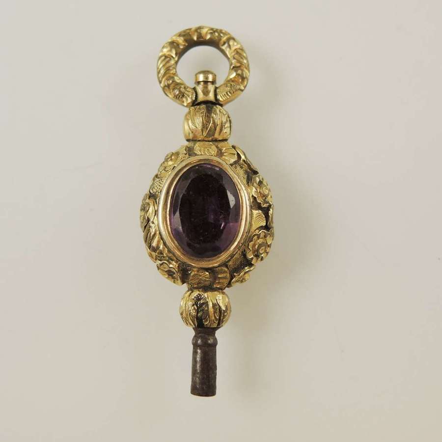 Fancy Victorian gilt and amethyst set pocket watch key c1850