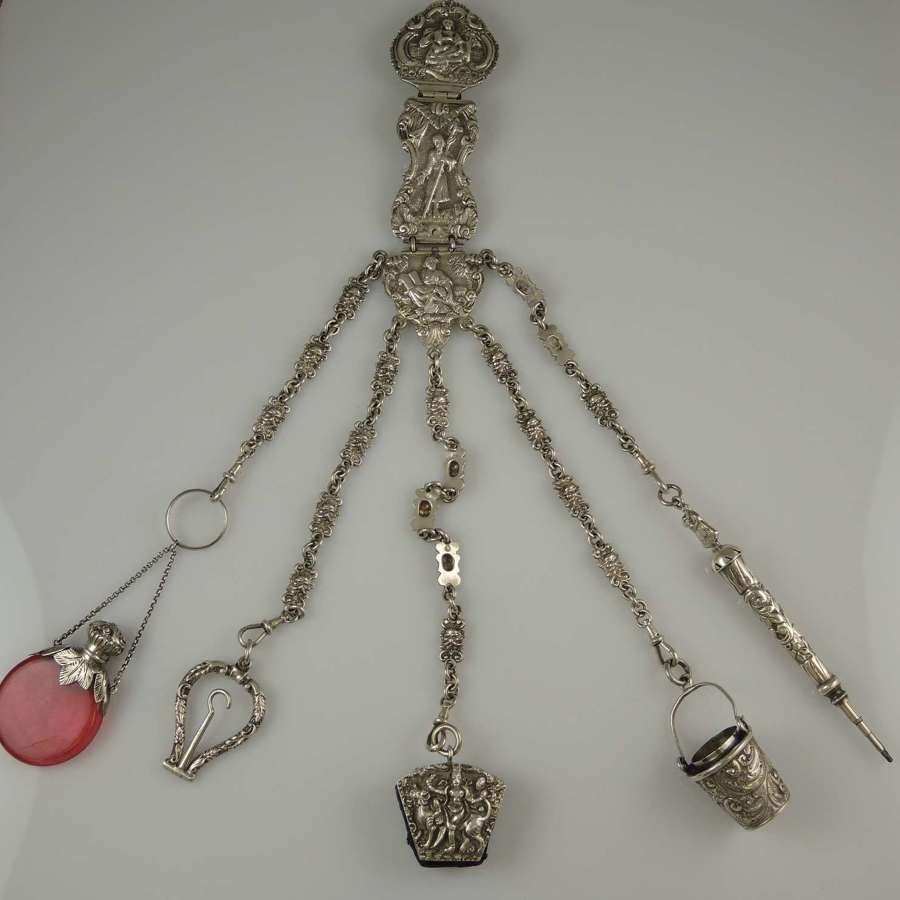 Large silver chatelaine with complete accessories selection c1880
