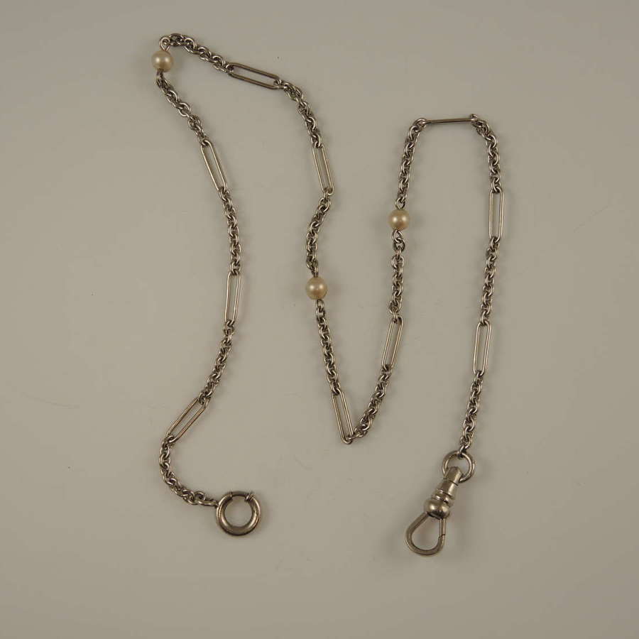 Elegant vintage white gold filled and pearl pocket watch chain c1910