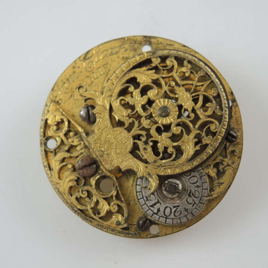 English verge fusee movement TOP PLATE by Clarke, Frome c1720
