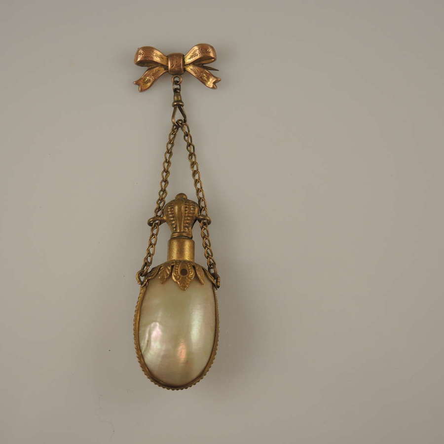 Gilt and abalone scent bottle fob with 9K Bow pin c1890