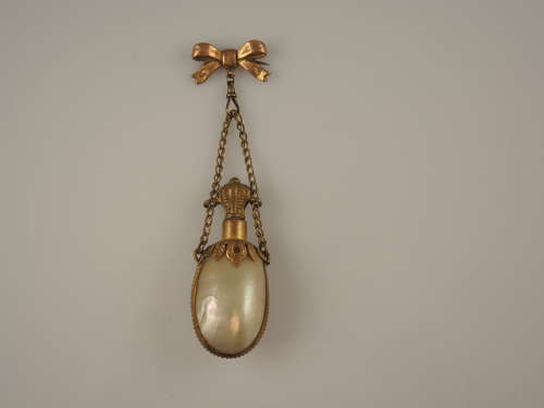 Gilt and abalone scent bottle fob with 9K Bow pin c1890