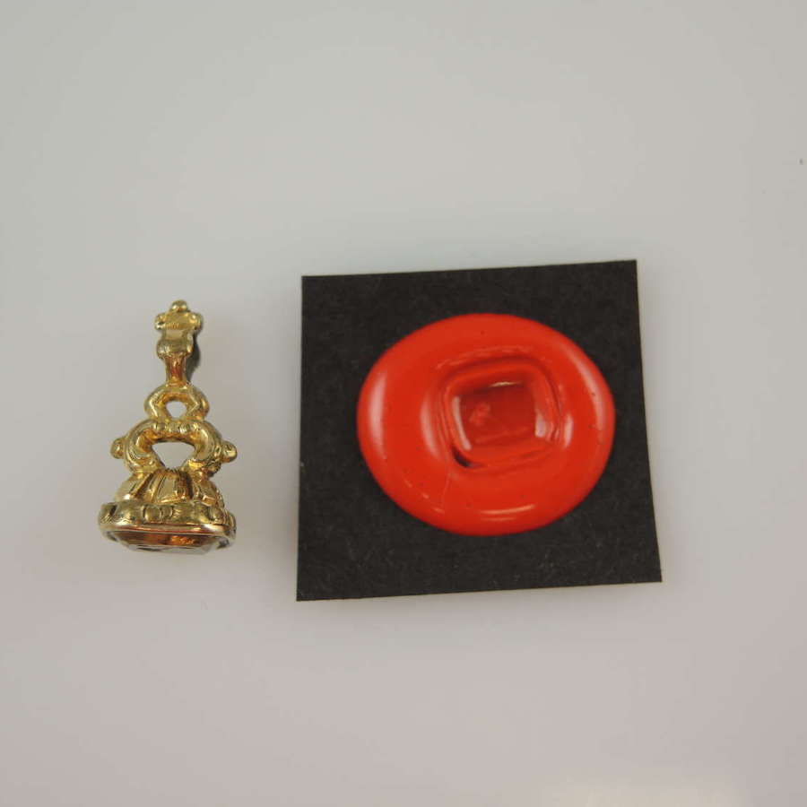Victorian gilt & stone set seal with POST sent by arrow intaglio c1850