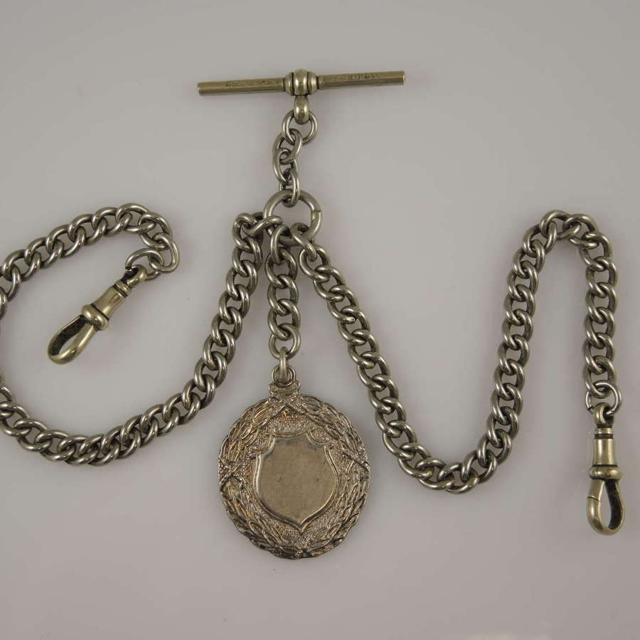 Victorian white metal double watch chain with fob c1890