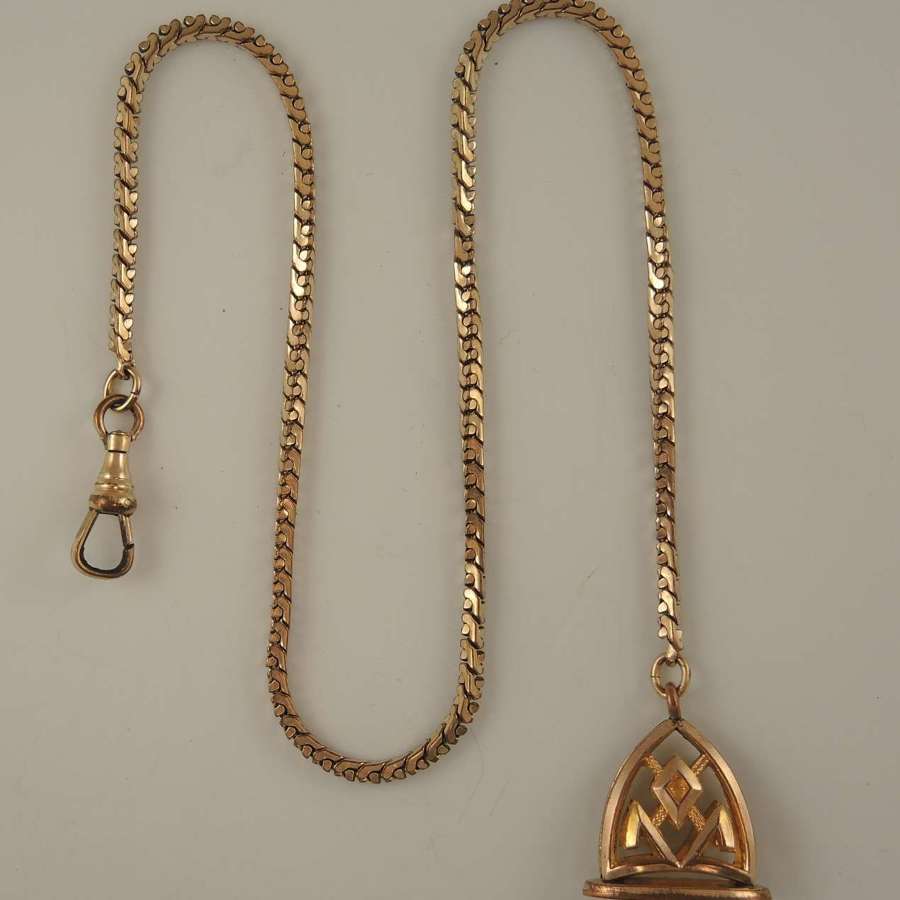 Vintage gold plated pocket watch chain with fob seal c1910