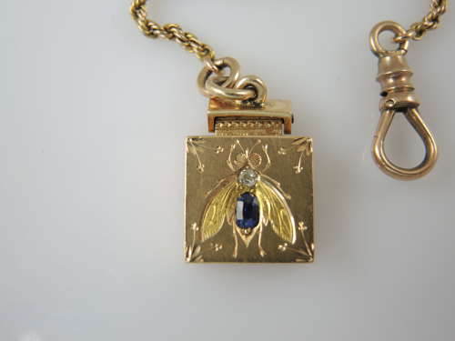 Victorian 18K gold Diamond and Sapphire BEE Locket with chain c1880
