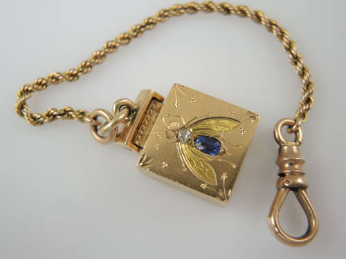 Victorian 18K gold Diamond and Sapphire BEE Locket with chain c1880