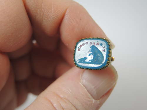 Early Georgian gilt seal w/ CAT and MOUSE Intaglio c1770