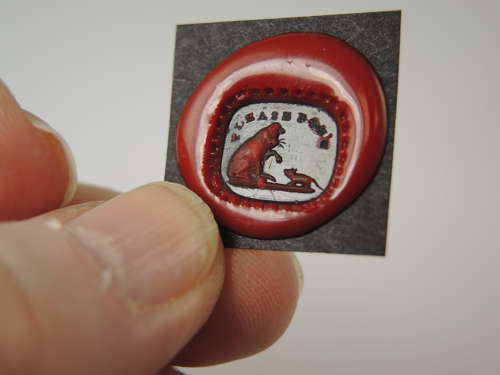 Early Georgian gilt seal w/ CAT and MOUSE Intaglio c1770