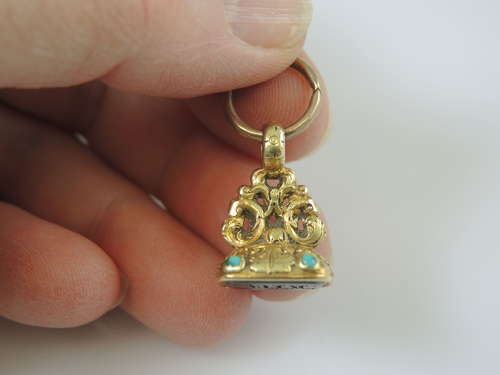 Two colour 18K gold and turquoise Georgian seal JSCH initials c1820