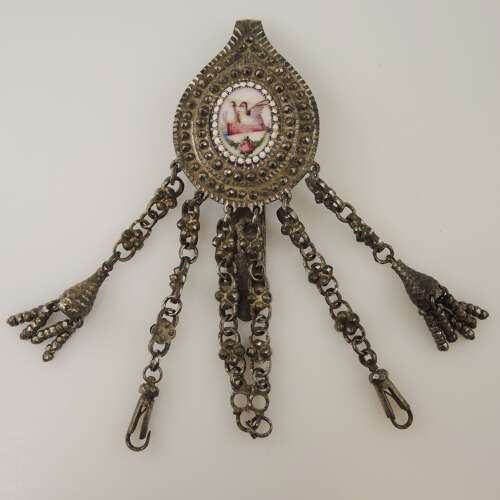 Early Enamel and Woodstock Cut Steel Chatelaine c1725