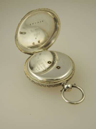 Antique Silver J W Benson Half Hunter fob pocket watch. With original key and box c1903