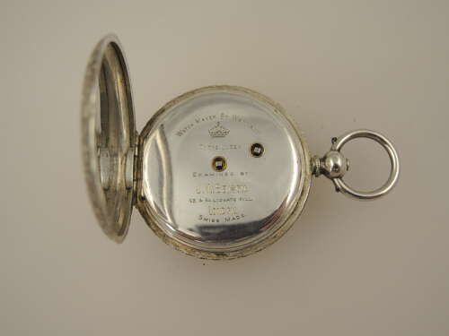 Antique Silver J W Benson Half Hunter fob pocket watch. With original key and box c1903