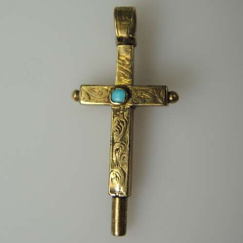 Victorian gold cased and turquoise CRUCIFIX form pocket watch key c1850