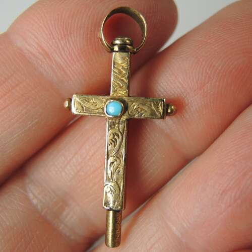 Victorian gold cased and turquoise CRUCIFIX form pocket watch key c1850