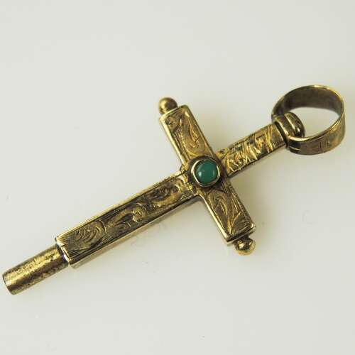 Victorian gold cased and turquoise CRUCIFIX form pocket watch key c1850