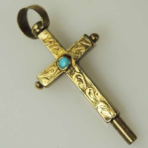 Victorian gold cased and turquoise CRUCIFIX form pocket watch key c1850