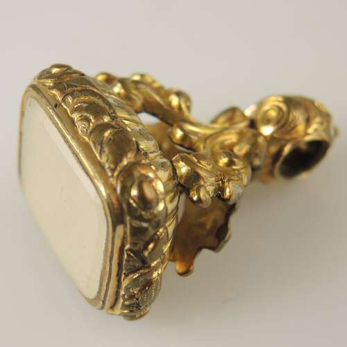 Large Victorian gilt cased seal set with a white agate stone c1850