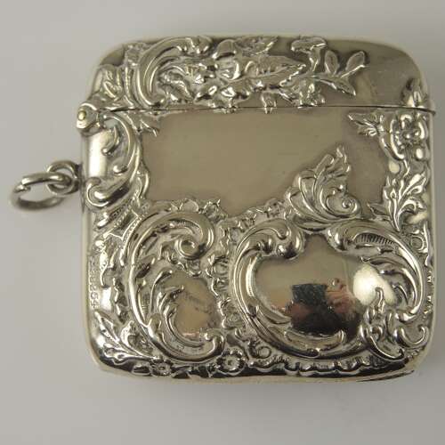 SUPERB Victorian English silver Vesta case with Repousse work c1898