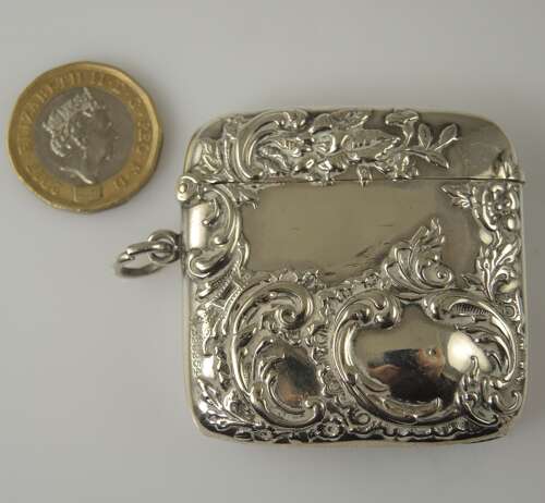SUPERB Victorian English silver Vesta case with Repousse work c1898