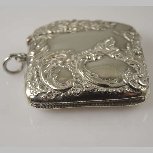 SUPERB Victorian English silver Vesta case with Repousse work c1898