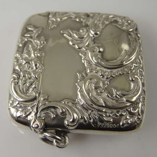 SUPERB Victorian English silver Vesta case with Repousse work c1898