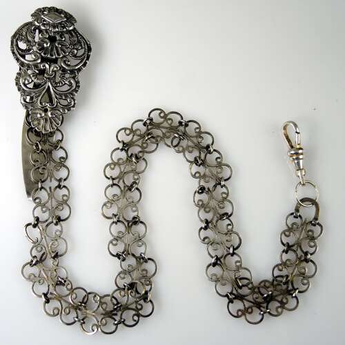 Victorian Silver Chatelaine belt hook and panel and watch chain c1890