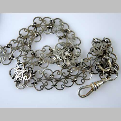 Victorian Silver Chatelaine belt hook and panel and watch chain c1890