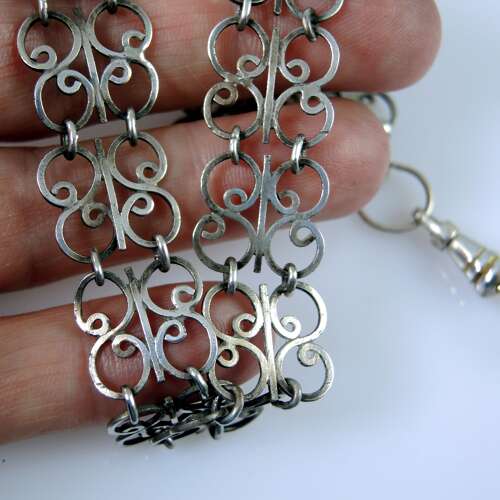 Victorian Silver Chatelaine belt hook and panel and watch chain c1890