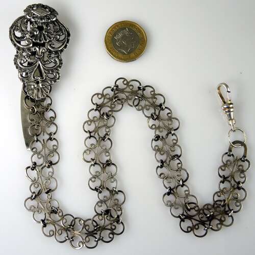 Victorian Silver Chatelaine belt hook and panel and watch chain c1890