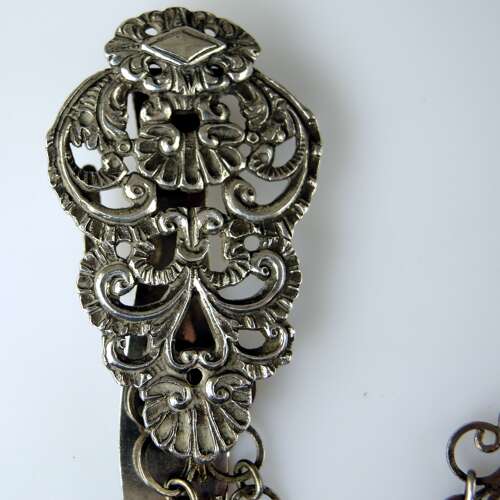Victorian Silver Chatelaine belt hook and panel and watch chain c1890