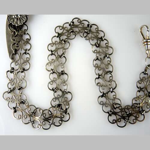 Victorian Silver Chatelaine belt hook and panel and watch chain c1890
