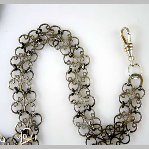 Victorian Silver Chatelaine belt hook and panel and watch chain c1890