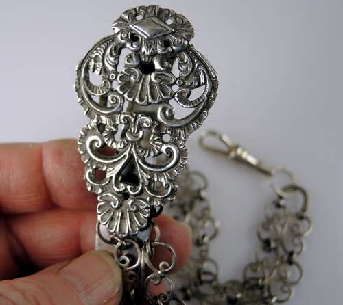 Victorian Silver Chatelaine belt hook and panel and watch chain c1890